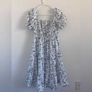 SHEIN Blue & White Floral Print Smocked Midi Dress size S